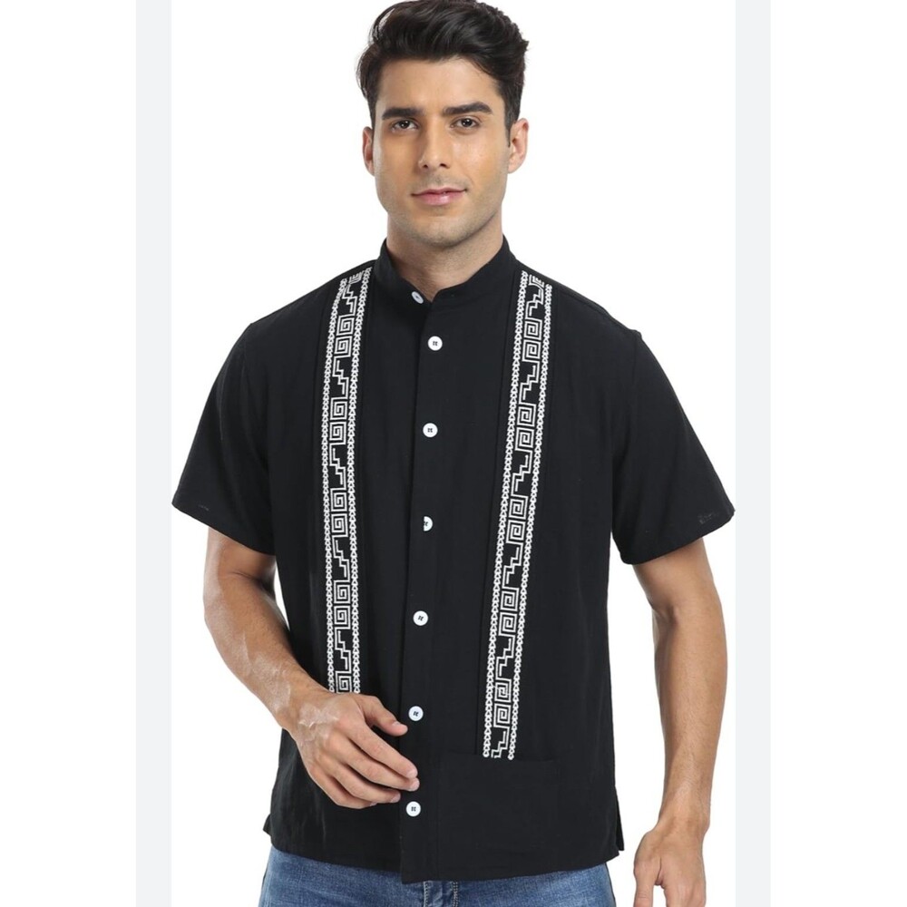 Mens Black Short Sleeve Embroidered Band Collar Cuban Guayabera Shirt XL